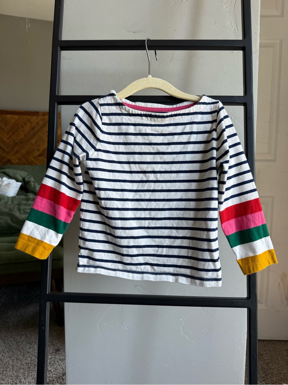 Mini Boden Fun Breton Striped Top Ivory Navy Multi Cuff 2-3Y